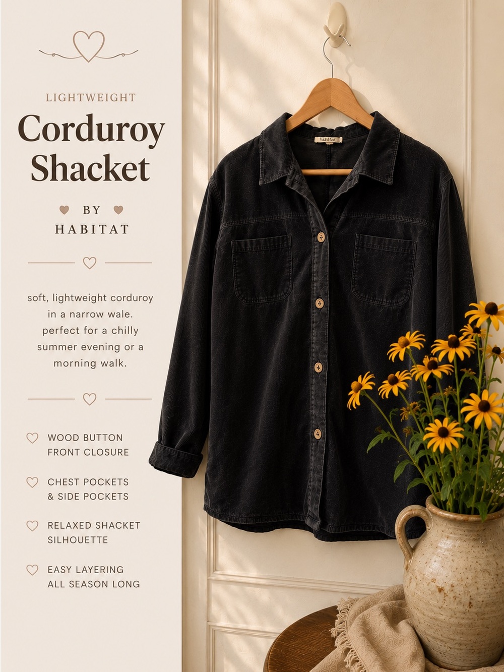Habitat Black Corduroy Button-Front Shacket